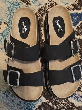 Seychelles Black Double-Buckle Slide Sandals with Silver Hardware